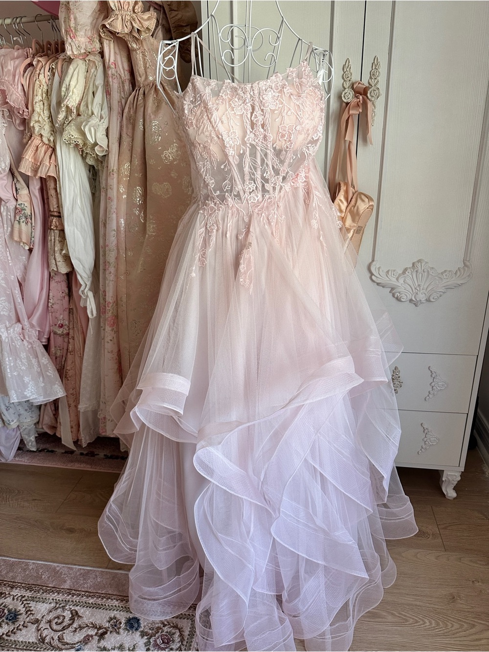 JJs House Blush Strapless Lace Bodice Tulle Ball Gown